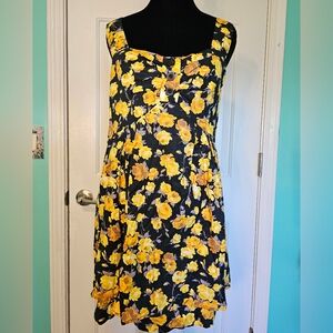 AUW Black and Yellow Floral Pleated Sundress Dress Smocked Back Junior's Sz L
